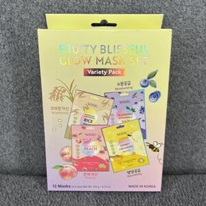 SOQU 12 PK Variety Fruity Blissful Glow Face Masks-Brighten & Firm Made in Korea